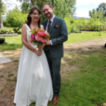 Bride and groom with stunning peony bridal bouquet and boutonniere by Evans Tree Farm and Nursery, Missoula